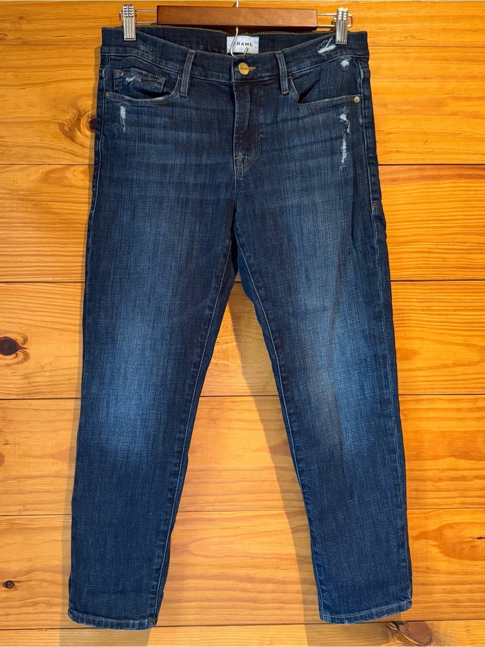 Frame Le Garçon Crop Straight Leg Denim Jeans 27 Mid Rise Stretch Dark Wash